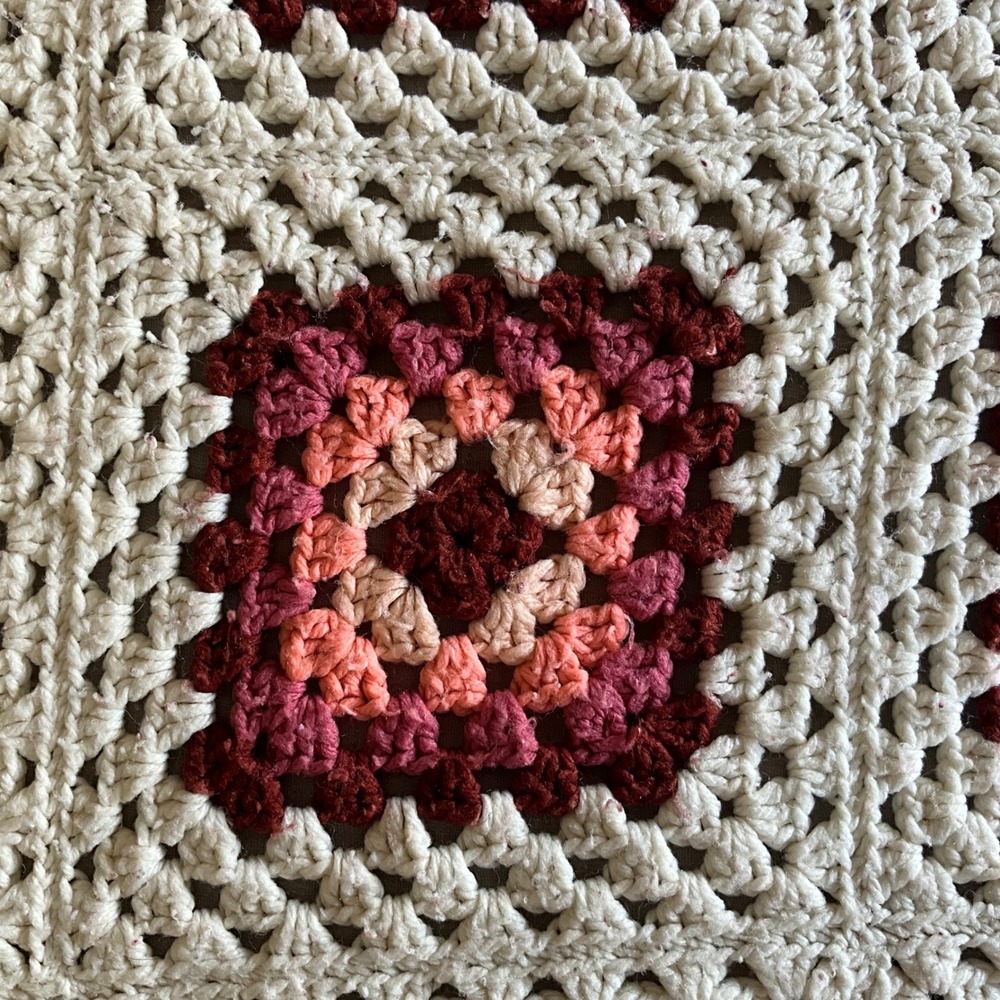 Vintage Handmade Granny Square Crochet Blanket Throw Boho Pink Burgundy Cream - Picture 2 of 5
